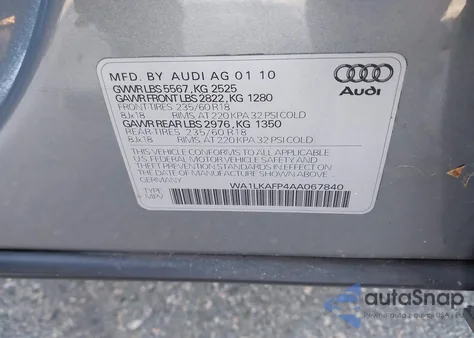 2010 Audi Q5 3.2 Premium from USA, damaged, VIN WA1LKAFP4AA067840